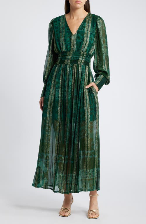 CIEBON Onella Metallic Print Long SLeeve Maxi Dress in Green Multi 