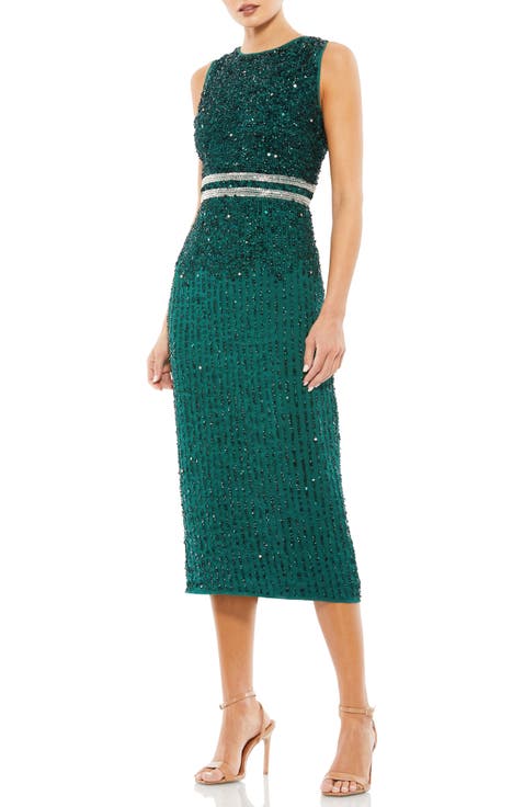 Sleeveless High Neck Beaded Midi Sheath Dress
