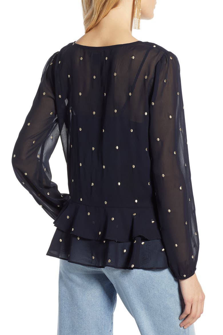 Ruffle Hem Metallic Dot Blouse, Alternate, color, NAVY- GOLD DOT