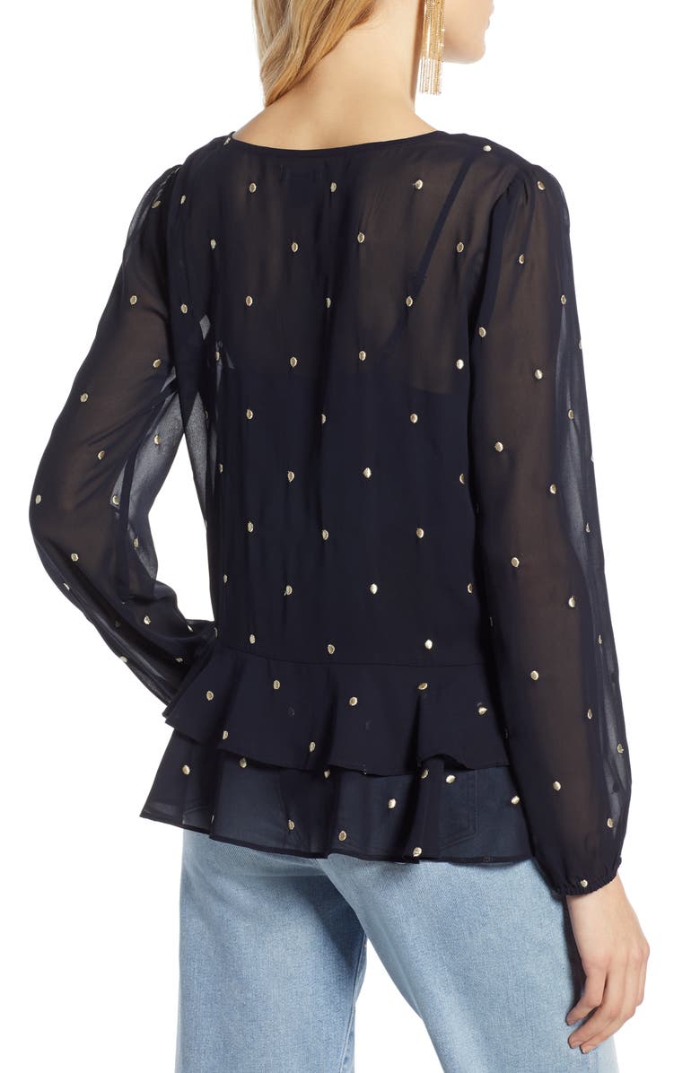 Halogen<sup>®</sup> Ruffle Hem Metallic Dot Blouse, Alternate, color,