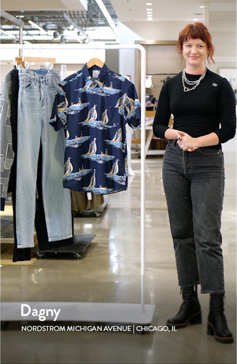 Regular Fit Sailboat Print Short Sleeve Button-Up Shirt, sales video thumbnail