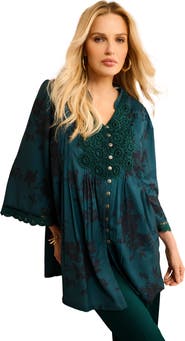 Roaman's Plus Size Juliet Lace Trim Button Down Shirt