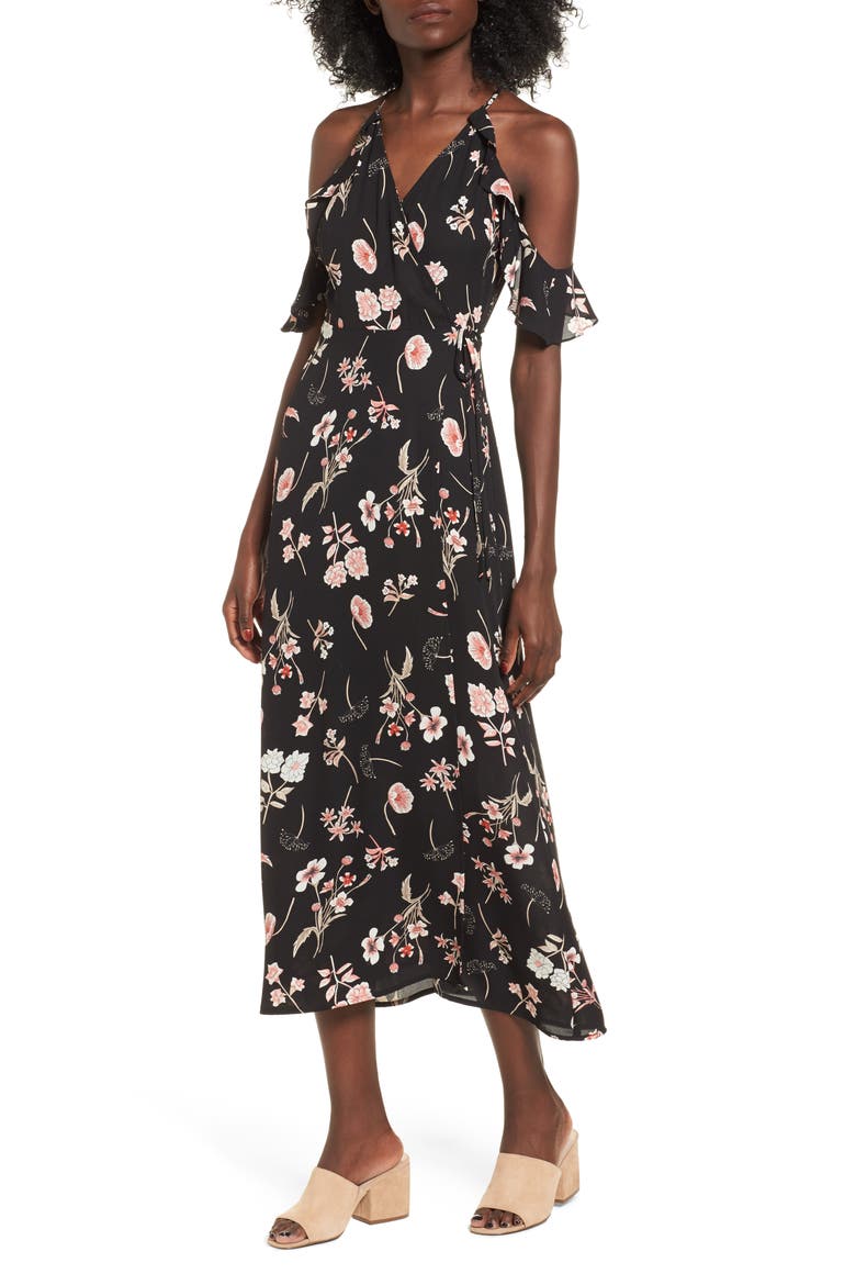Floral Cold Shoulder Midi Dress, Main, color, BLACK BLUSH FLORAL