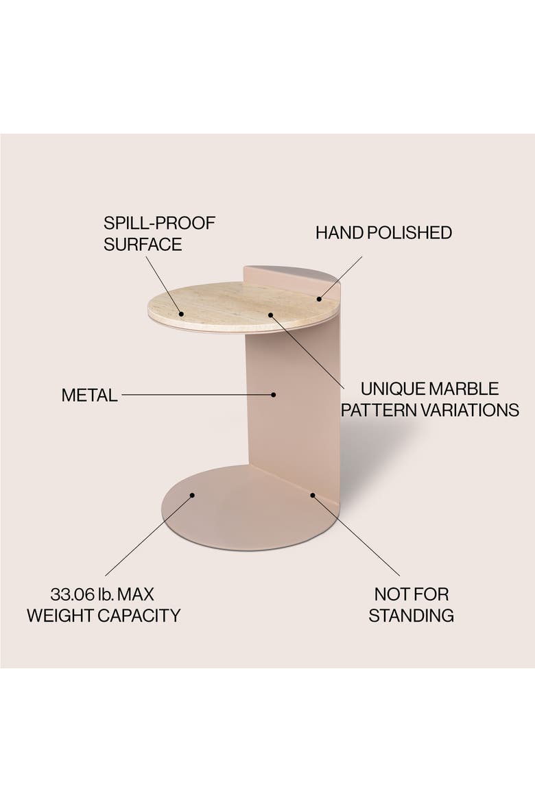 Evelyn Modern Round Marble C-Shaped End Table, Iron Frame Sofa Side Snack Table for Living Room or Bedroom, Alternate, color, Beige/Pink Beige