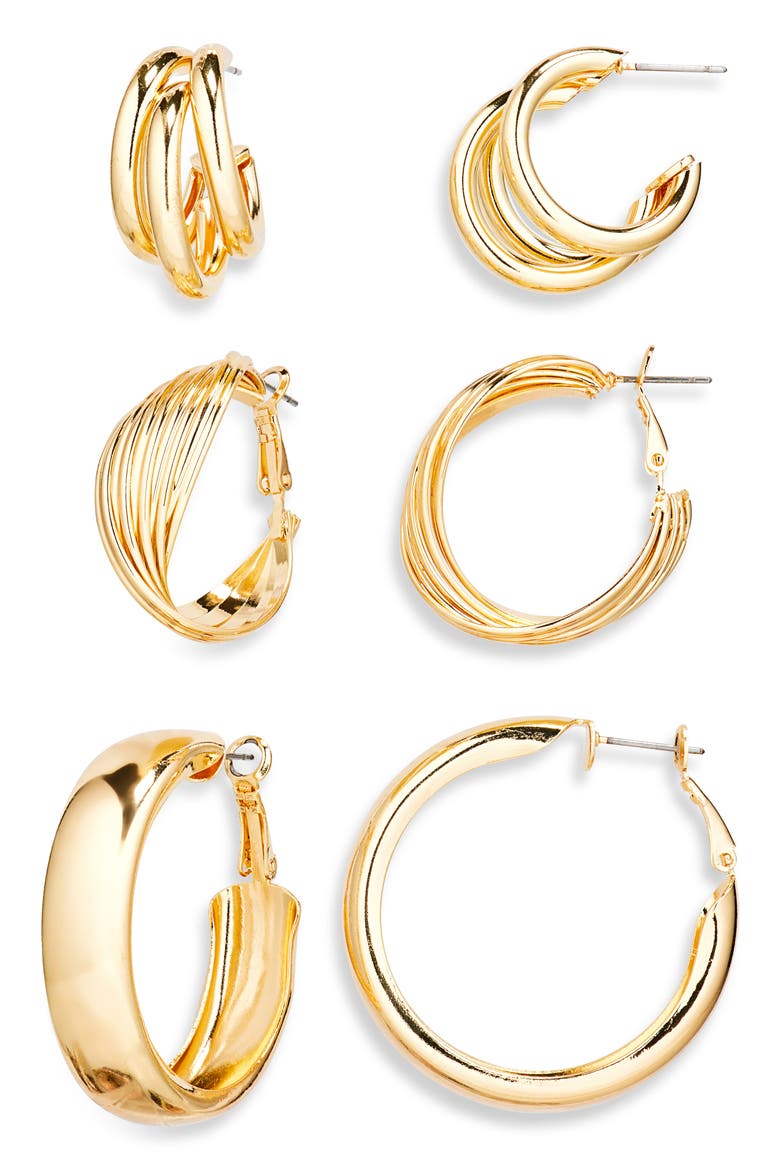 Set of 3 Assorted Hoop Earrings, Main, color, GOLD