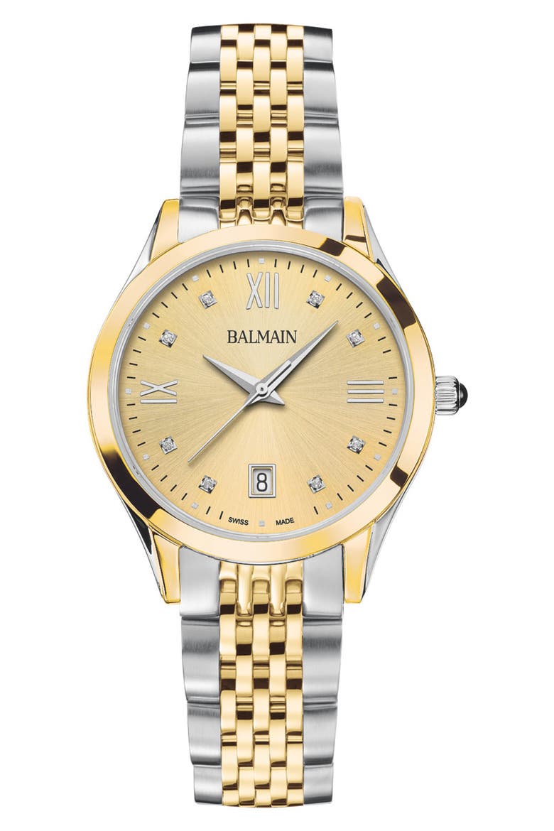 Classic R Diamond Bracelet Watch, 34mm, Main, color, STAINLESS STEEL AND YELLOW