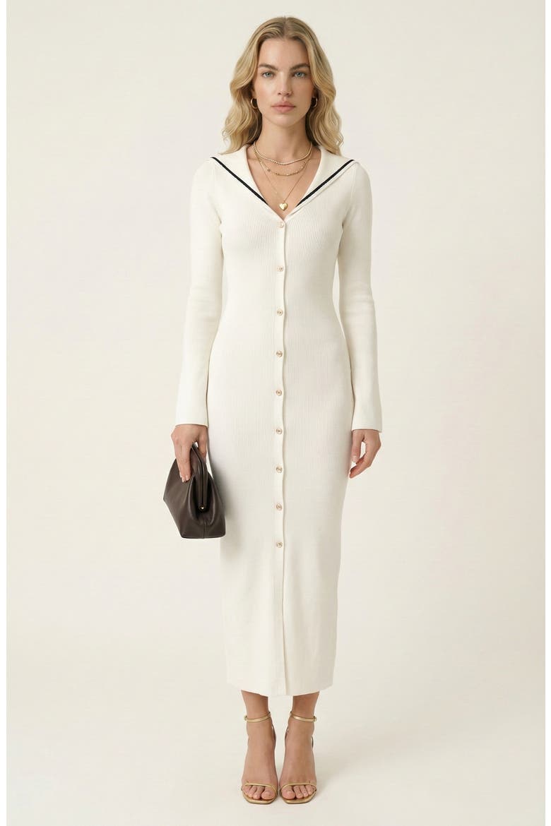 Ribbed Knit V-Neck Contrast Trim Midi Dress, Main, color, White / Black
