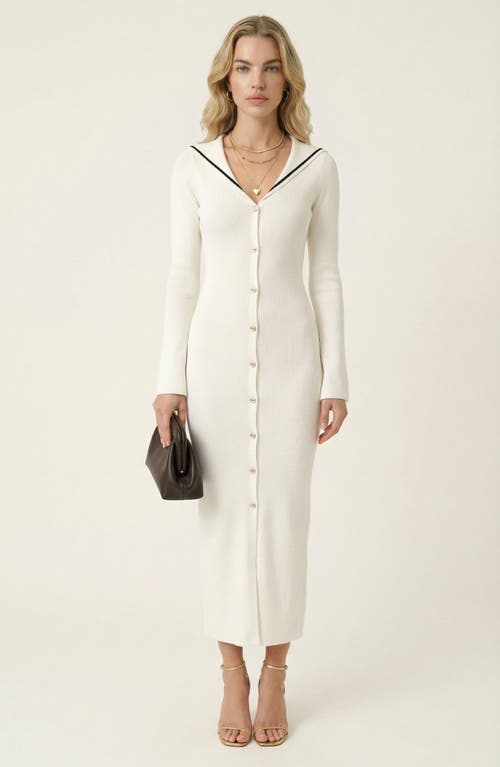 Modenaire Ribbed Knit V-Neck Contrast Trim Midi Dress in White/black at Nordstrom, Size Large