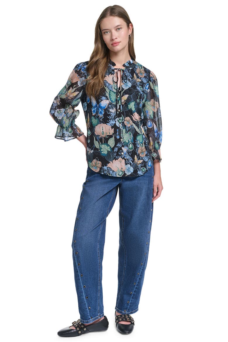 Ruffle Collar Printed Shirt, Alternate, color, BLACK/ MULTI