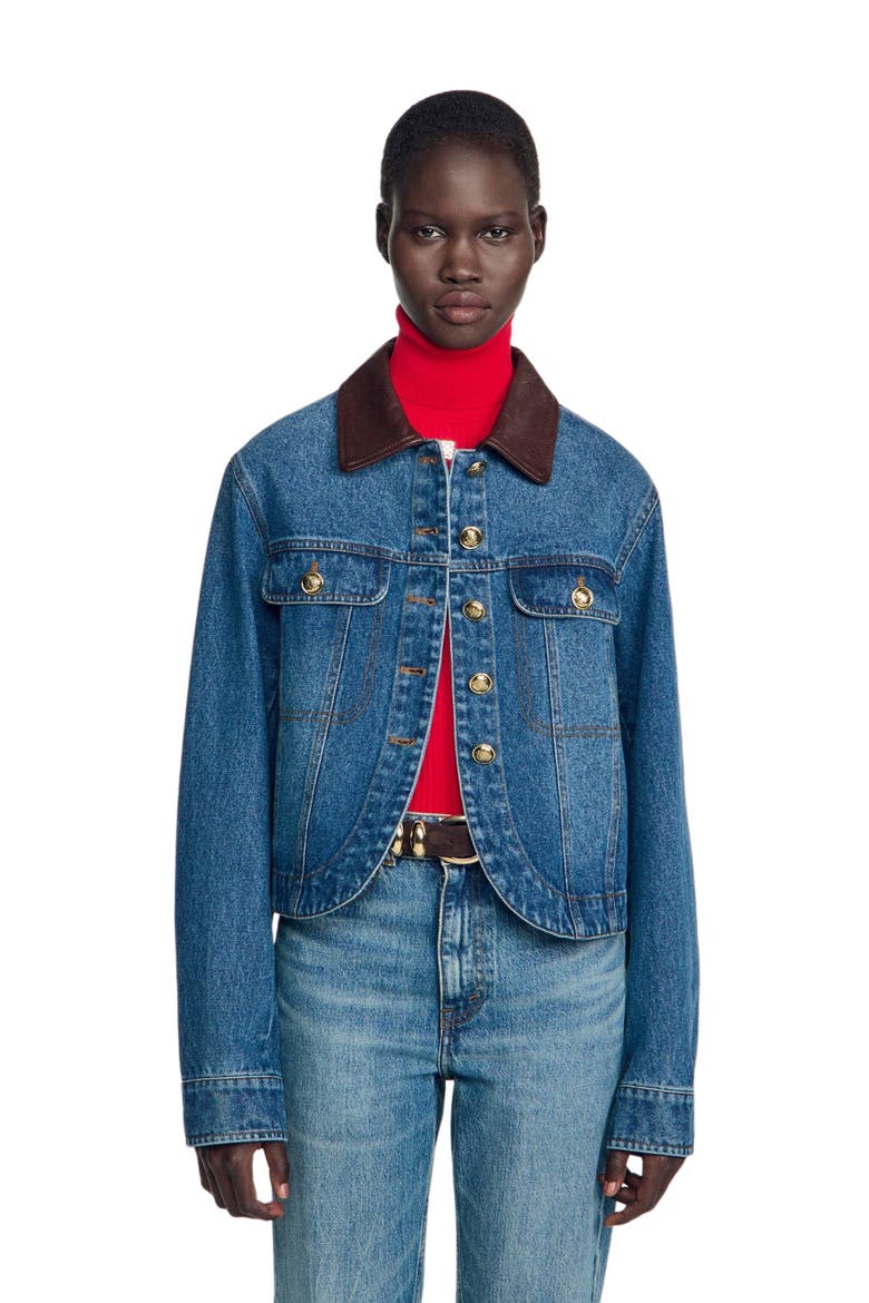 Denim jacket with leather collar, Alternate, color, Blue jean