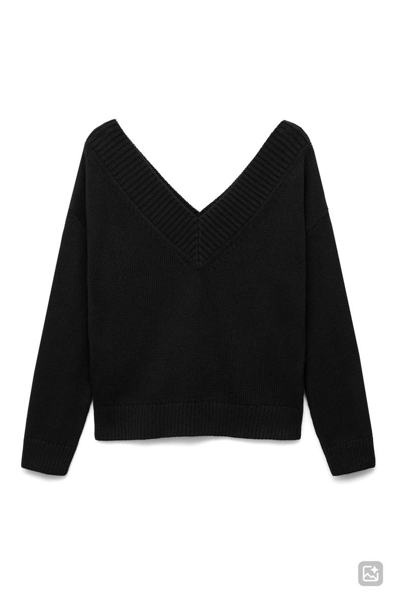 Wide V-Neck Cotton Sweater, Alternate, color, BLACK