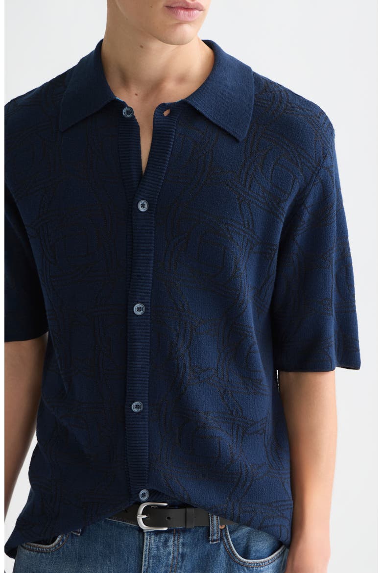 Tone-on-Tone Jacquard Short Sleeve Button-Up Knit Shirt, Alternate, color, HORSESHOES INFINITY