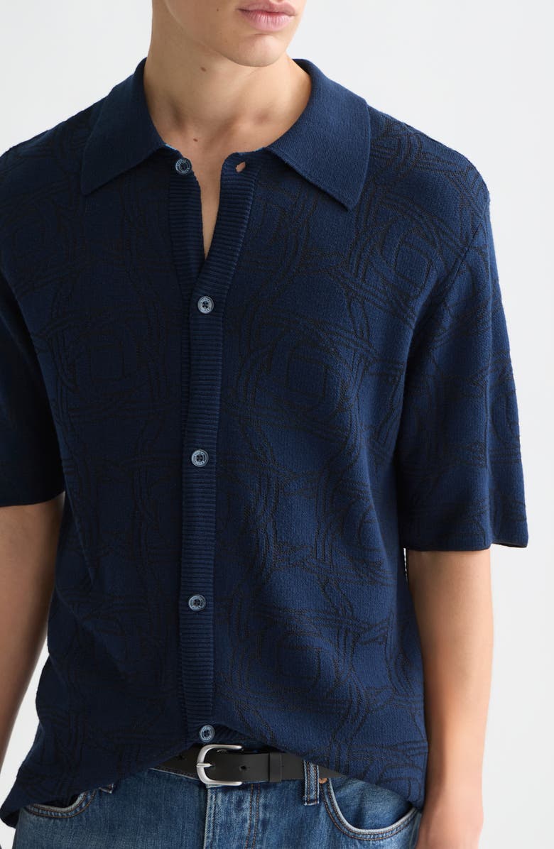 Scotch
Soda Tone-on-Tone Jacquard Short Sleeve Button-Up Knit Shirt, Alternate, color,