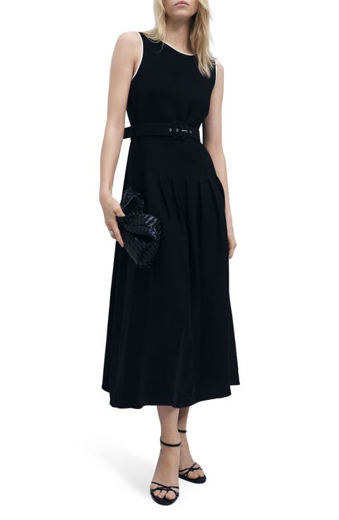 Sleeveless Belted Flared Midi Dress