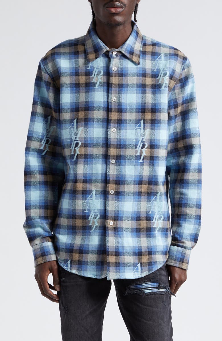 AMIRI Staggered Logo Plaid Flannel Button-Up Shirt, Main, color, 