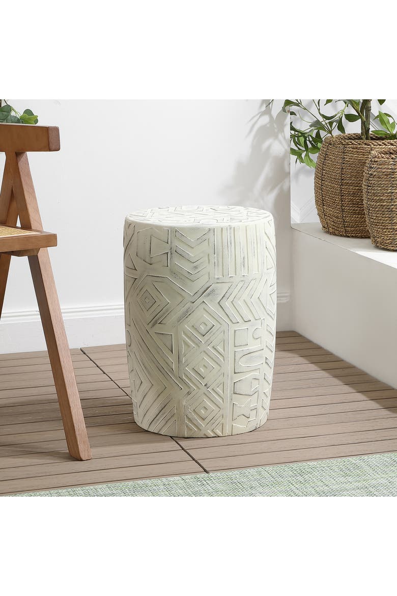 Rafi Southwestern Distressed Concrete Geometric Garden Stool, Round Indoor/Outdoor Patio Accent Side Table & Plant Stand, Alternate, color, Cream