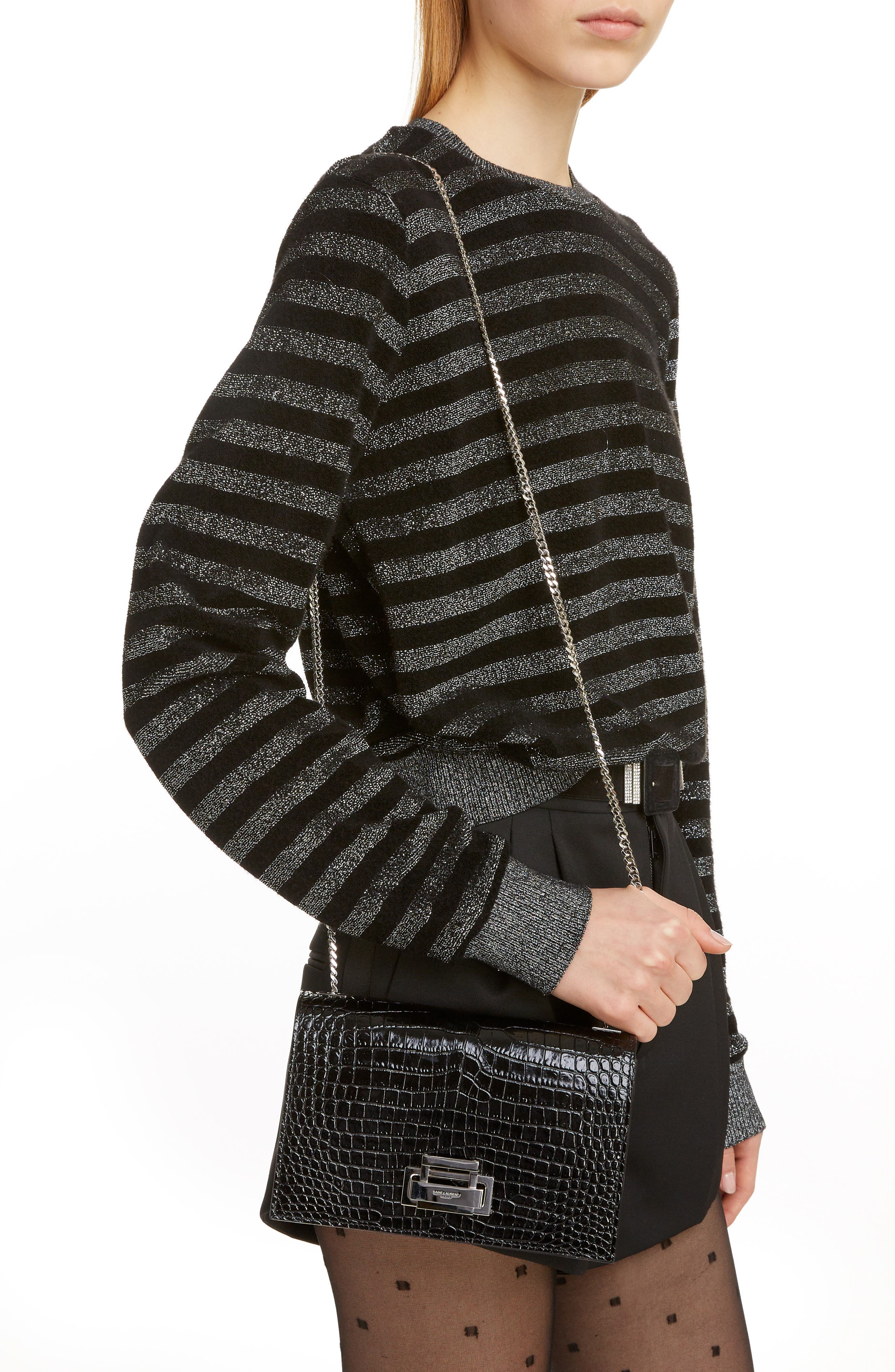 Saint Laurent Gray Croc Embossed Calfskin Leather Shoulder Bag, Alternate, color, 