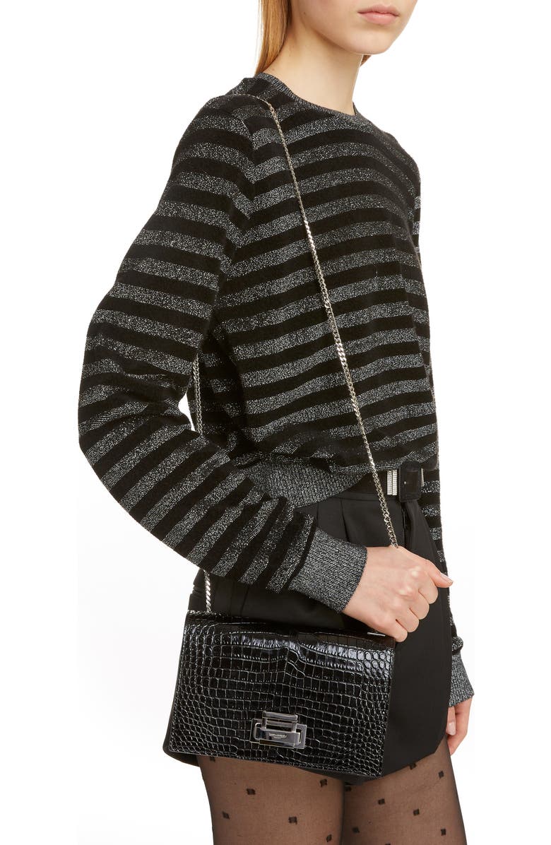 Saint Laurent Gray Croc Embossed Calfskin Leather Shoulder Bag, Alternate, color,