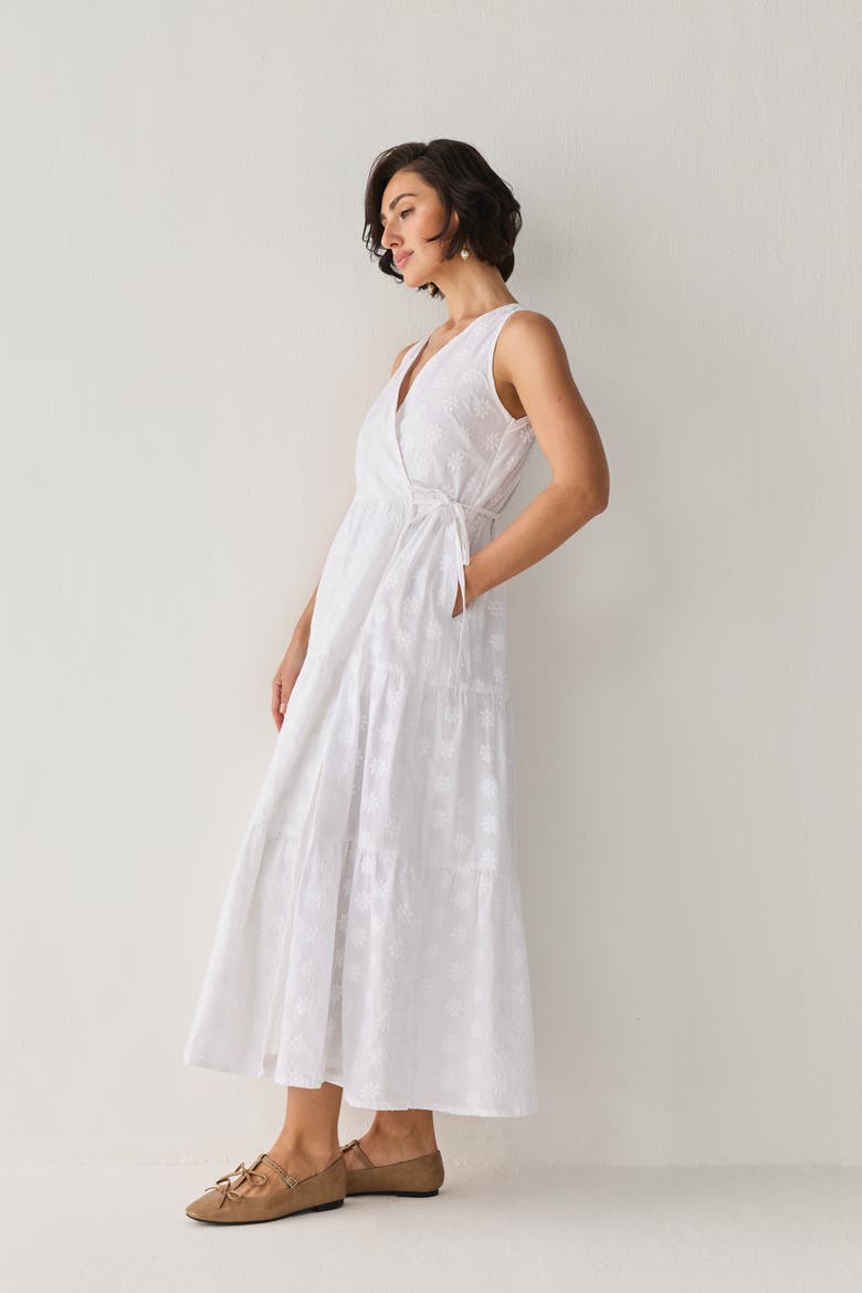Embroidered Tiered Wrap Maxi Dress, Alternate, color, Embroidered Cotton White
