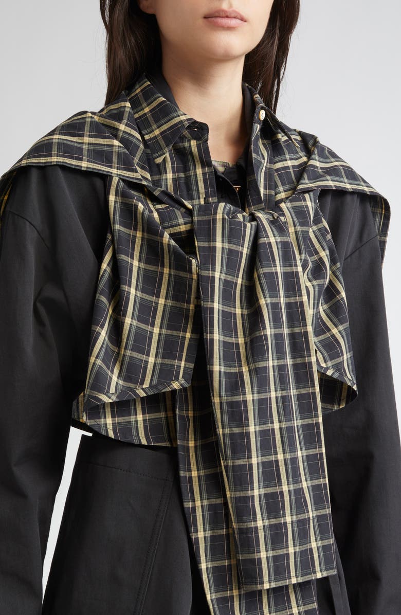 EENK Muffler Asymmetric Plaid Crop Cotton & Linen Button-Up Shirt, Alternate, color, 