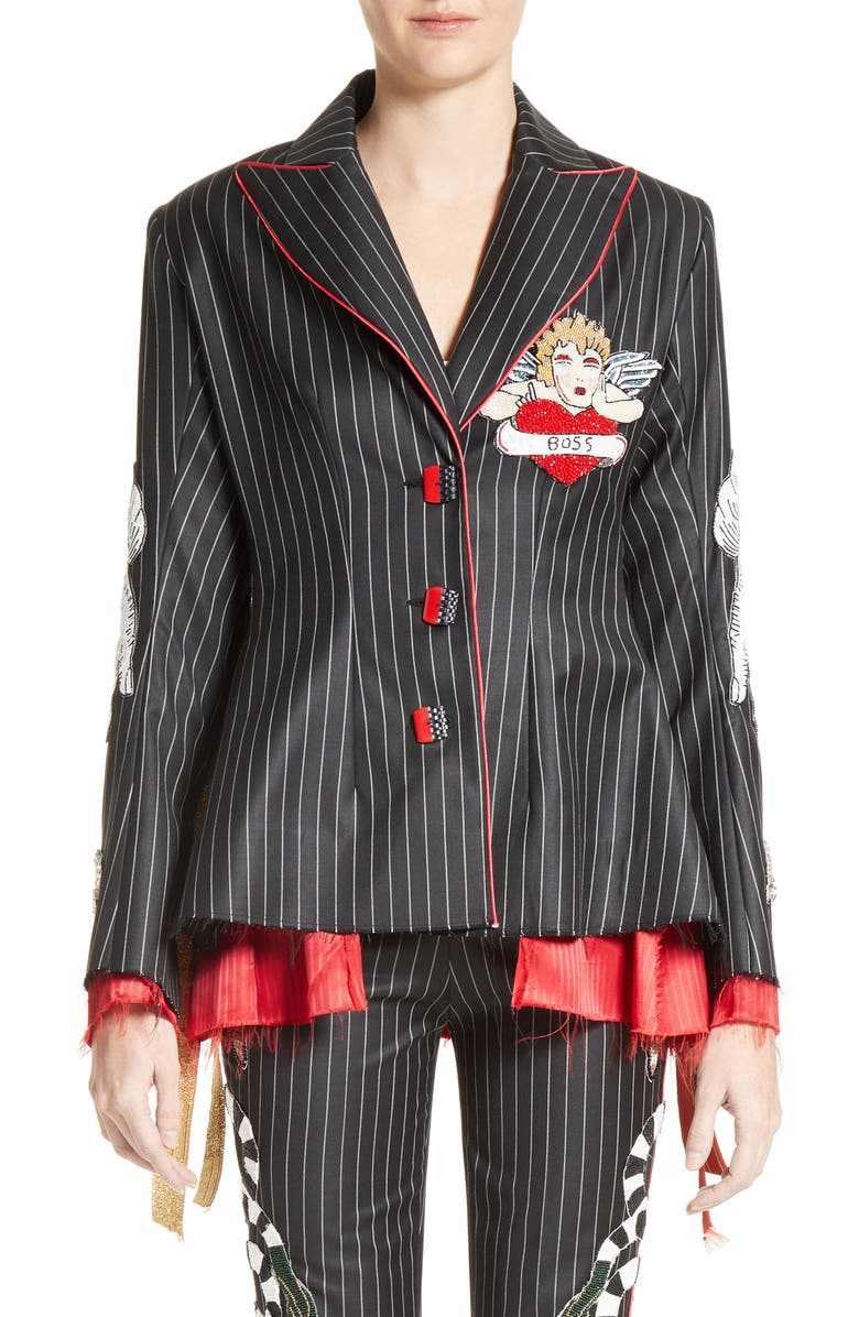 DILARA FINDIKOGLU Embellished Pinstripe Suit Jacket, Main, color,