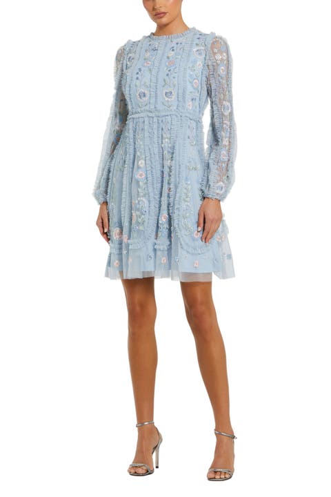 Floral Mesh Long Sleeve Micro Ruffle Mini Dress