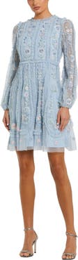 Mac Duggal Floral Mesh Long Sleeve Micro Ruffle Mini Dress