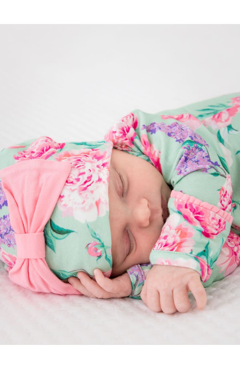 RuffleButts Ruffle Knotted Sleep Gown & Hat Set, Alternate, color, Sage Garden