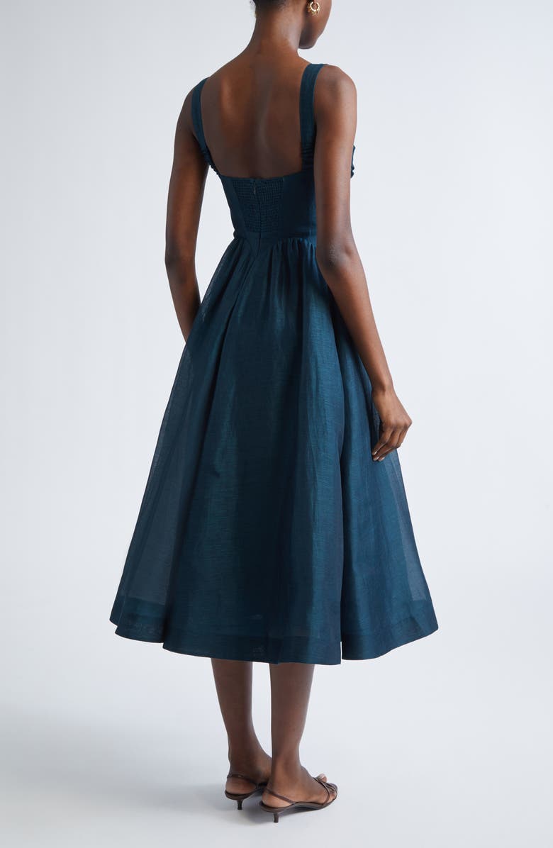 Zimmermann Rebellion Draped Linen & Silk Fit & Flare Midi Dress, Alternate, color, Teal
