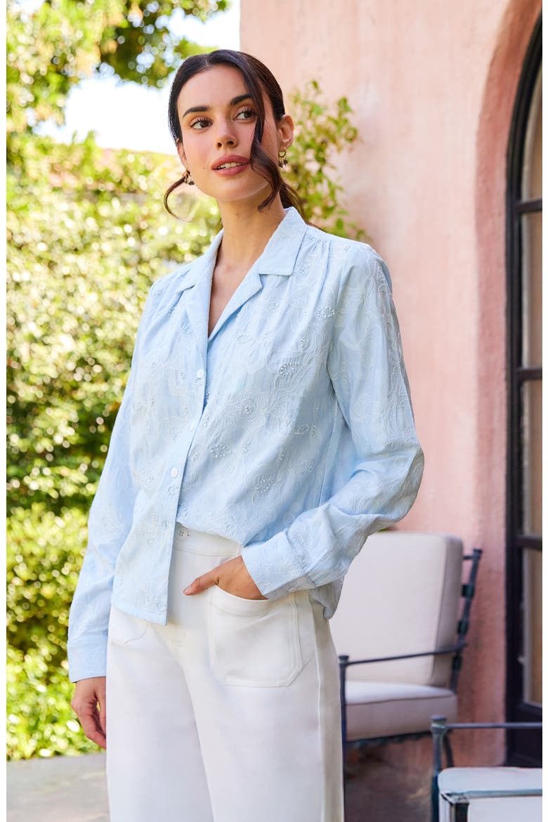 Embellished Button-Up Shirt, Alternate, color, OFF WHITE/BLUE