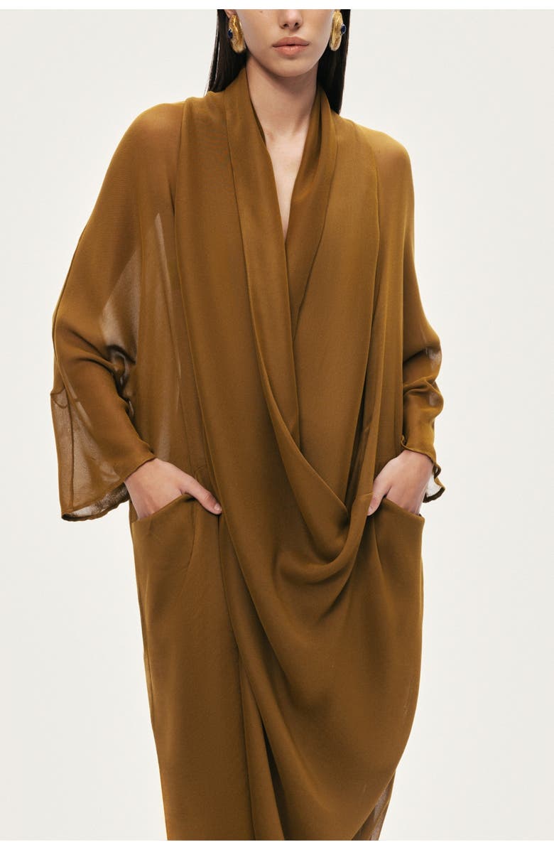 Nocturne Draped V-Neck Midi Dress, Alternate, color, Camel