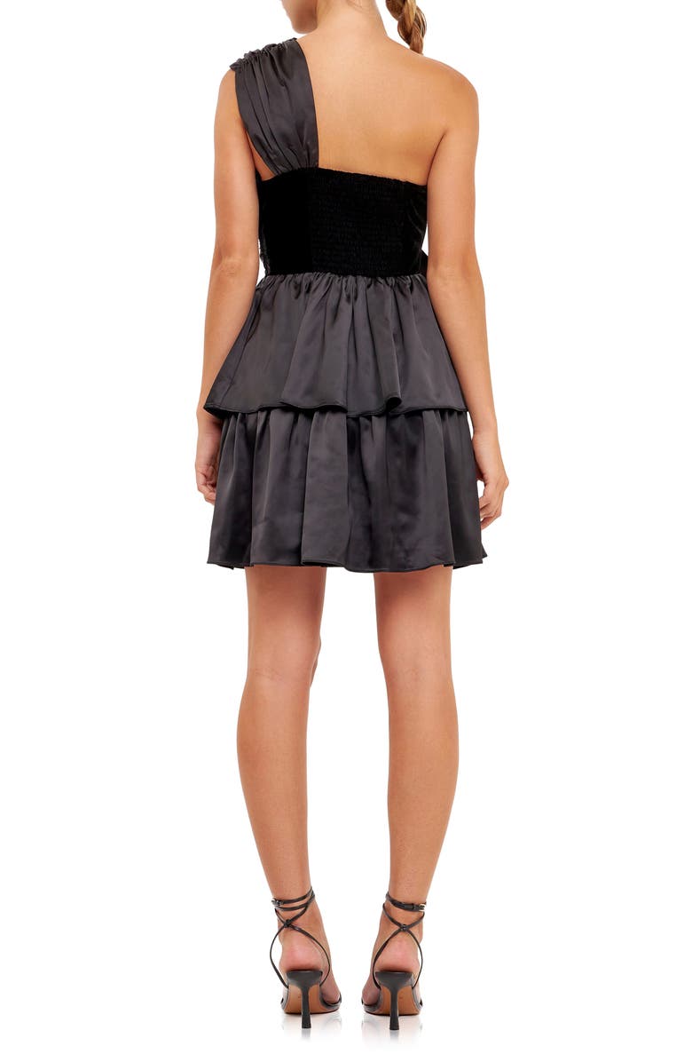 Endless Rose Velvet Contrast Satin Bow Tie One-Shoulder Minidress, Alternate, color, Black