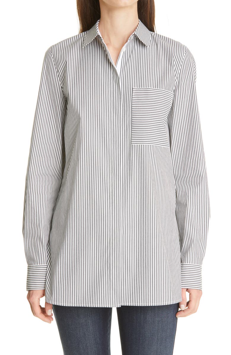 Lafayette 148 New York Ruxton Stripe Cotton Blend Shirt, Main, color, Castle Grey Multi