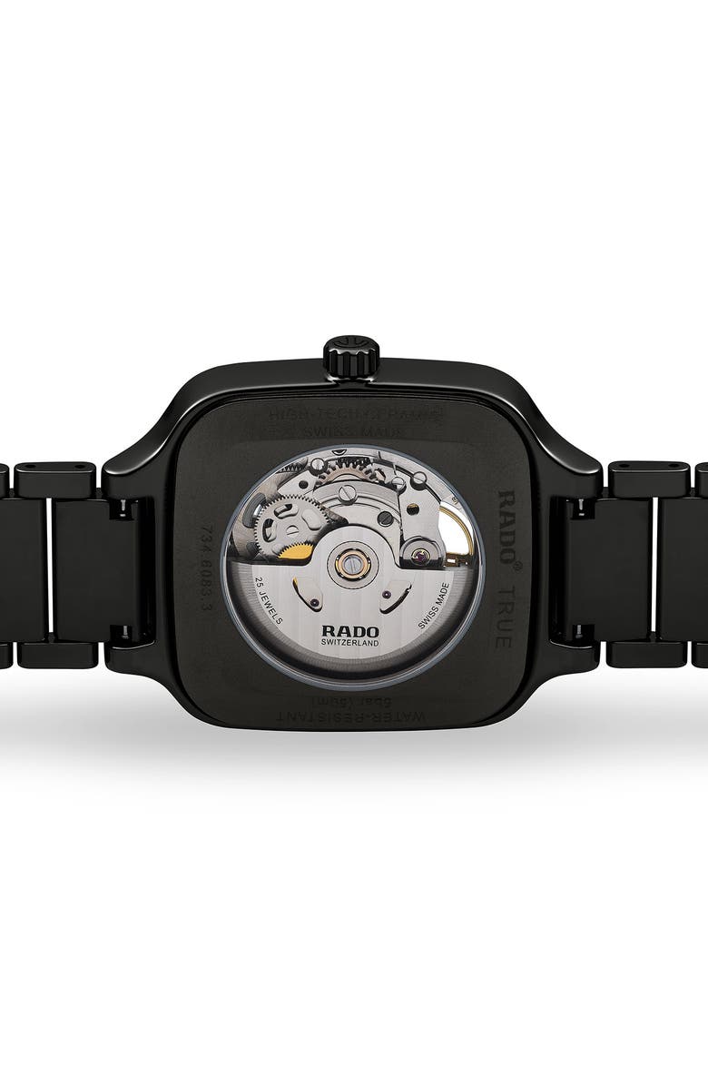 RADO True Square Automatic Open Heart Ceramic Bracelet Watch, 38mm, Alternate, color, Black Multi