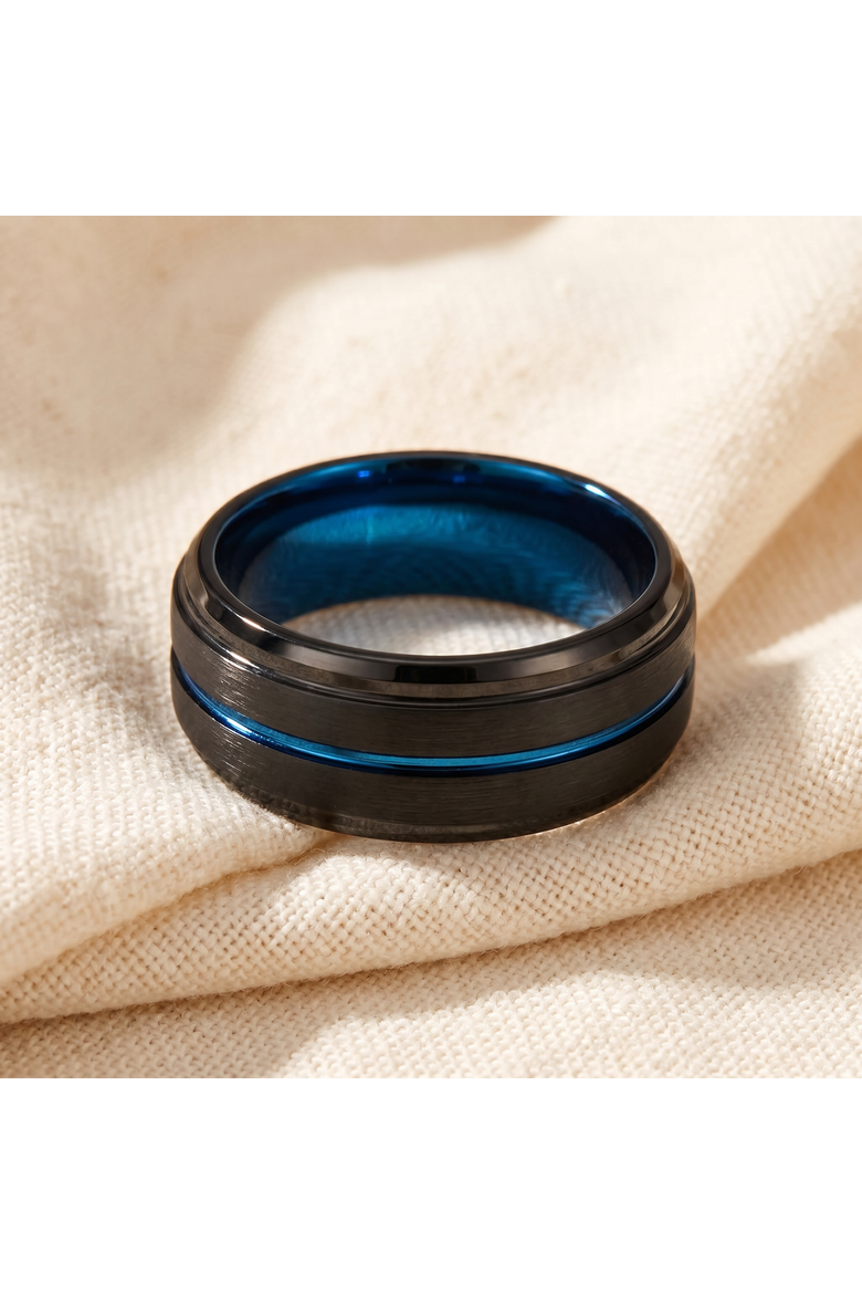 Men's Black & Blue Tungsten Ring Brushed Beveled Step Cut Wedding Band, Alternate, color, Black Tungsten