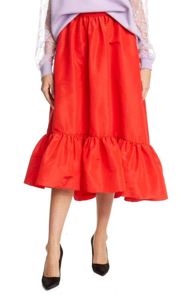 Adam Lippes Ruffle Hem Silk Faille Midi Skirt, Main, color,