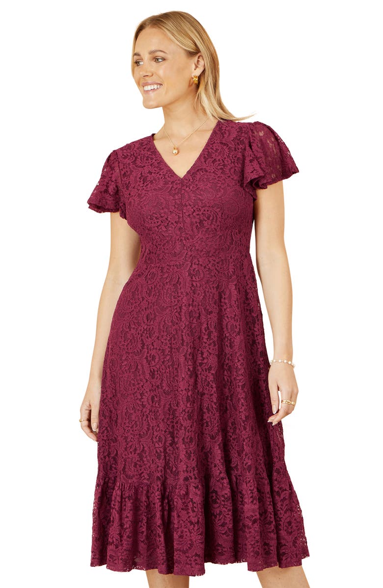 Yumi Short Sleeve Lace Midi Skater Dress, Alternate, color, Burgundy