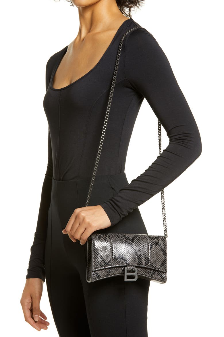 Hourglass Snake Embossed Leather Wallet on a Chain, Alternate, color, DARK GREY/ BLACK