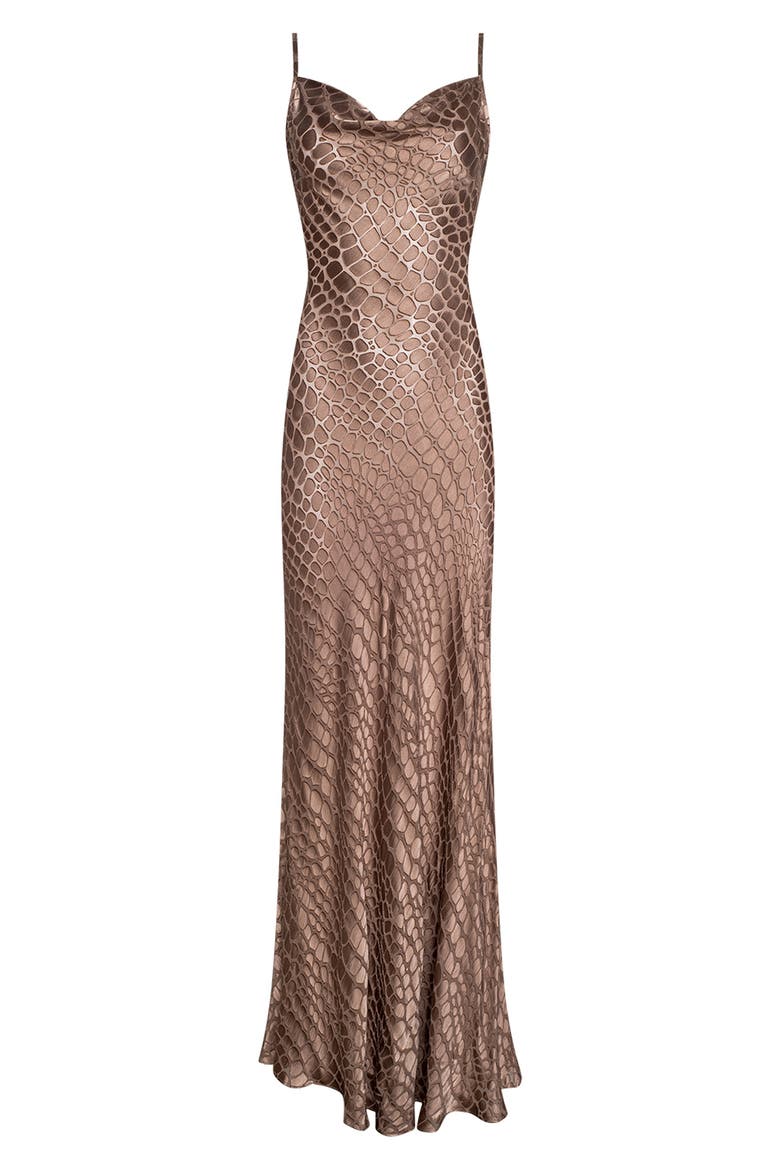 Christine Cowl Neck Burnout Satin Gown, Alternate, color, HAZELNUT COBRA GEO BURNOUT