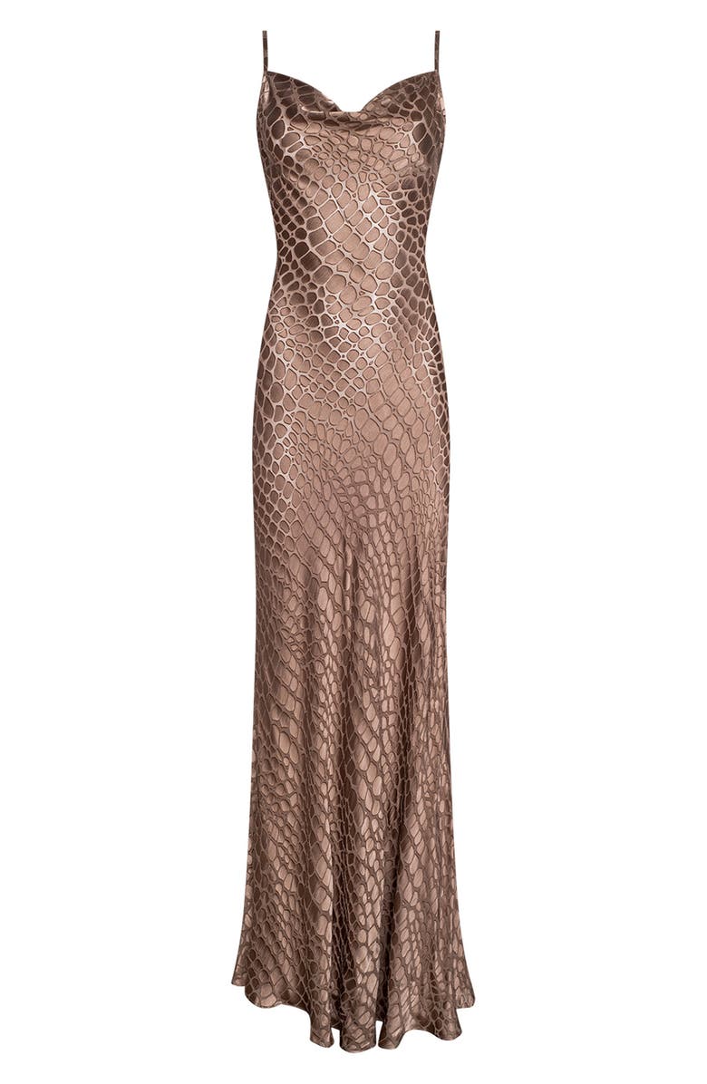 L'AGENCE Christine Cowl Neck Burnout Satin Gown, Alternate, color, Hazelnut Cobra Geo Burnout