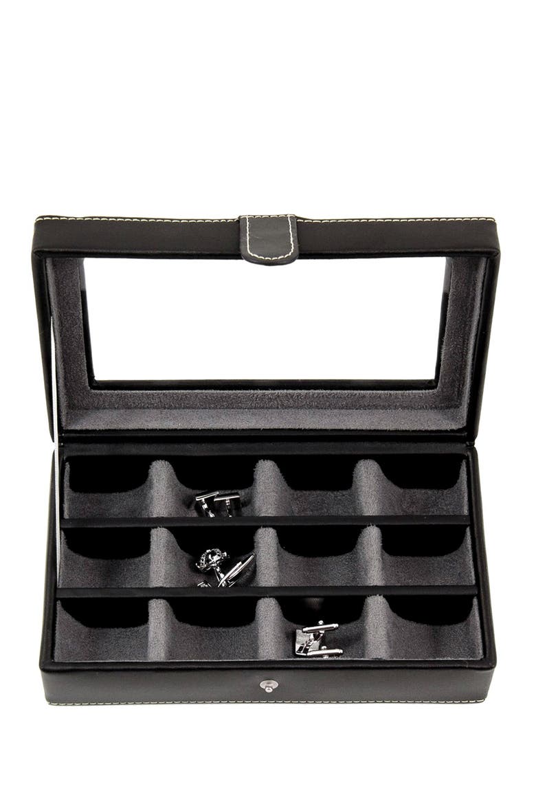 Black Leather Rectangular Window 12 Cufflink Box, Alternate, color, MULTI-COLOR