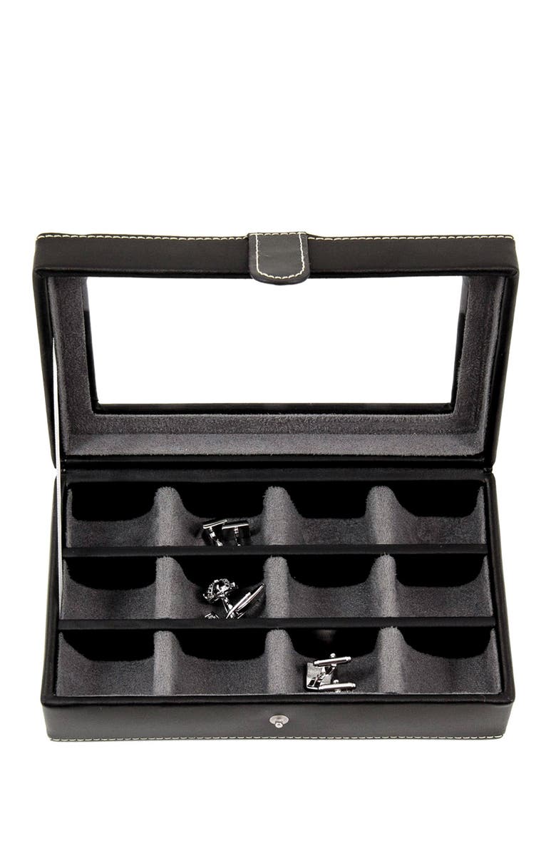 Bey-Berk Black Leather Rectangular Window 12 Cufflink Box, Alternate, color, Multi-Color