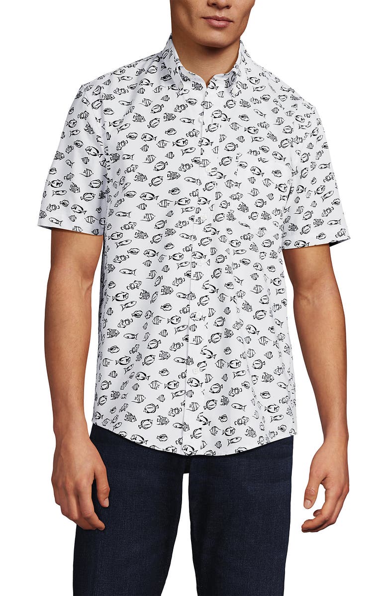 Lands' End Short Sleeve Essential Lightweight Poplin, Main, color, Radiant Navy Fish