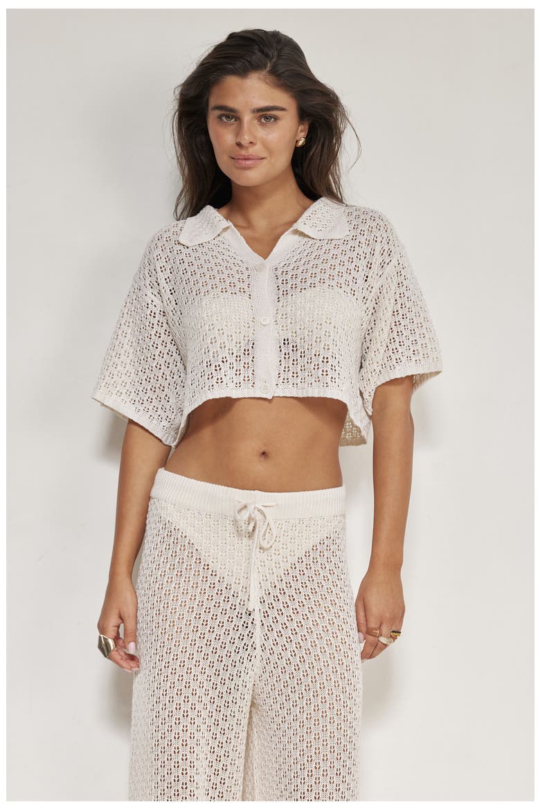 Anna Two Crochet Collared Beach Top, Alternate, color, Beige