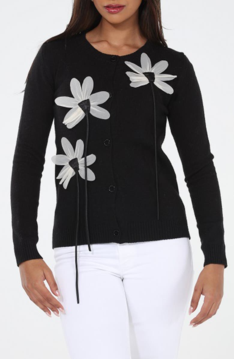 RAIN AND ROSE Floral Appliqué Cardigan, Main, color, Black