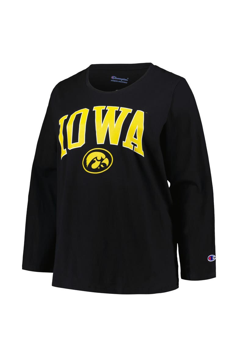 Women's Profile Black Iowa Hawkeyes Plus Size Arch Over Logo Scoop Neck Long Sleeve T-Shirt, Alternate, color, Black