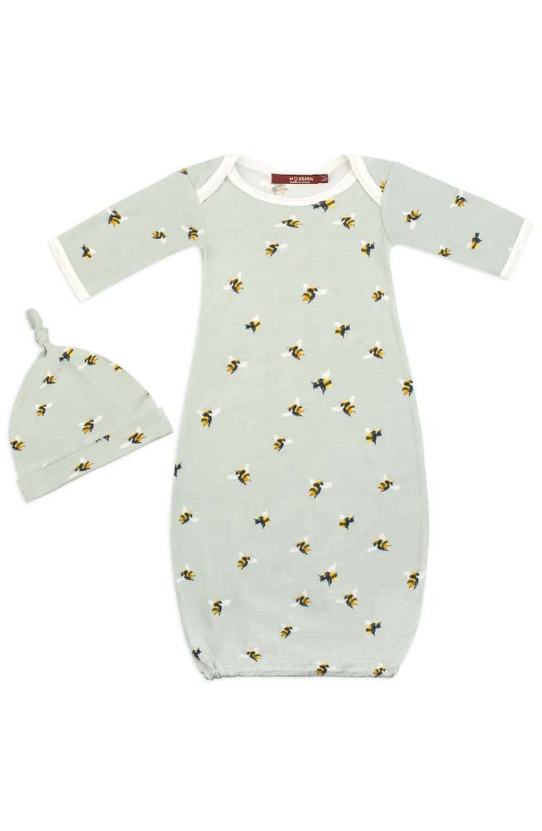 Milkbarn Newborn Gown and Hat Set, Main, color, Bumblebee