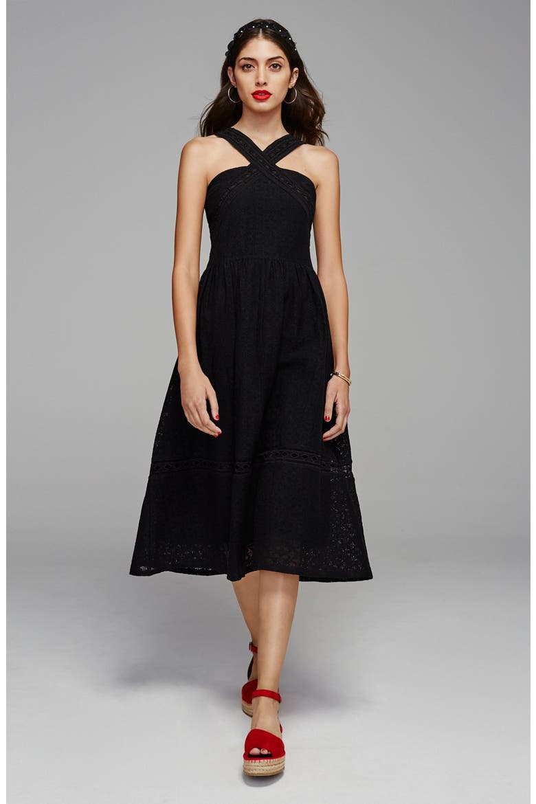 Lace Fit & Flare Midi Dress, Alternate, color, BLACK