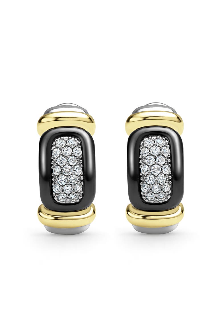 Black Ceramic Diamond Huggie Earrings, Alternate, color, TWO TONE