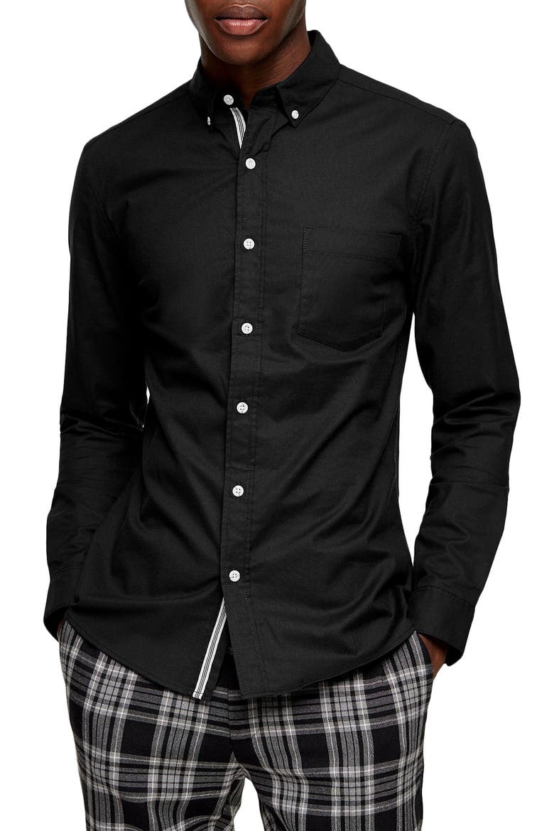 Skinny Fit Stretch Button-Down Oxford Shirt, Main, color, BLACK